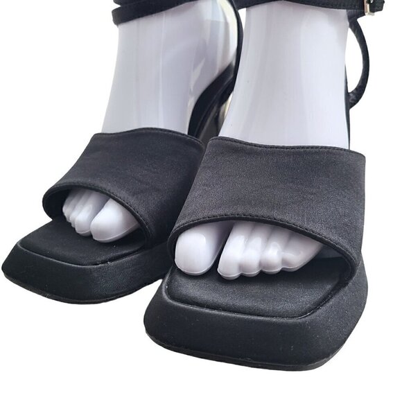 Azalea Wang Black Satin Square Peep Toe Strappy Ankle High Platform Heels - Picture 3 of 12